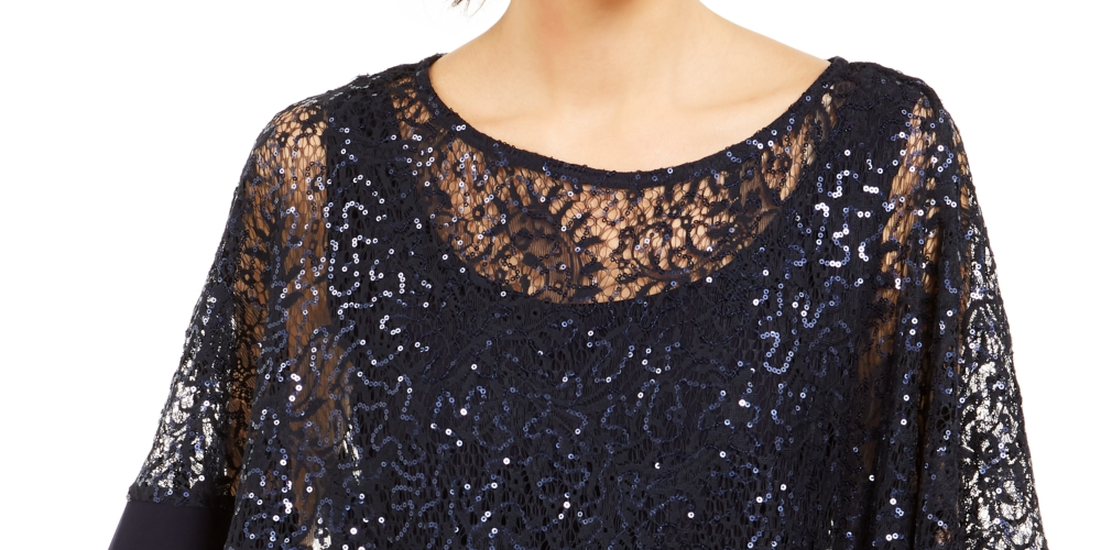 R &amp; M Richards Top Feminino com Sobreposição de Lantejoulas Azul Tamanho Grande