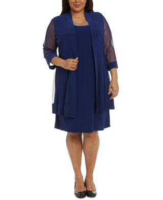 Vestido e jaqueta femininos R &amp; M Richards, azul, tamanho 16W