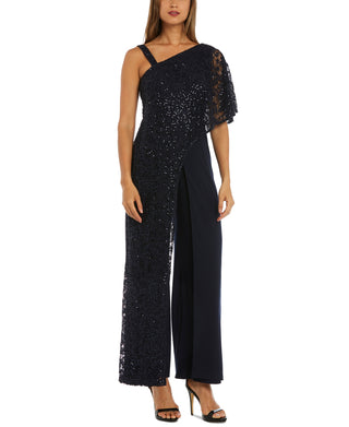 R & M Richards Women's One Shoulder Lace Jumpsuit Blue Size 16