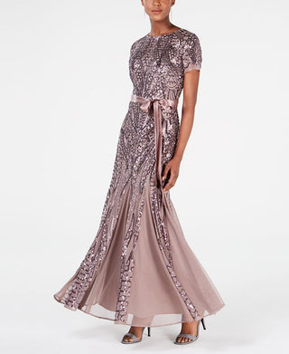 Vestido feminino R &amp; M Richards com lantejoulas e pregas, marrom, tamanho 8