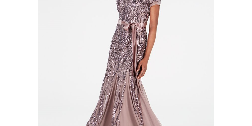 Vestido feminino R &amp; M Richards com lantejoulas e pregas, marrom, tamanho 8