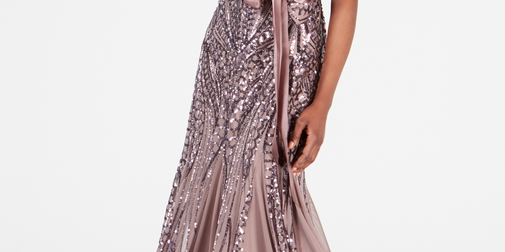 Vestido feminino R &amp; M Richards com lantejoulas e pregas, marrom, tamanho 8