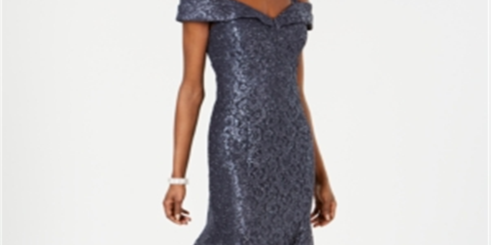 Vestido de renda ombro a ombro feminino R &amp; M Richards, tamanho 12, prateado