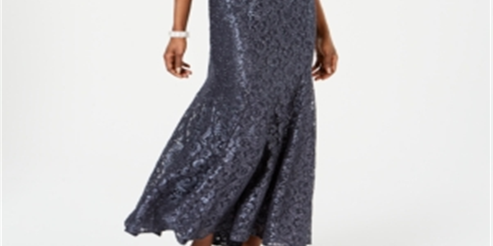 Vestido de renda ombro a ombro feminino R &amp; M Richards, tamanho 12, prateado