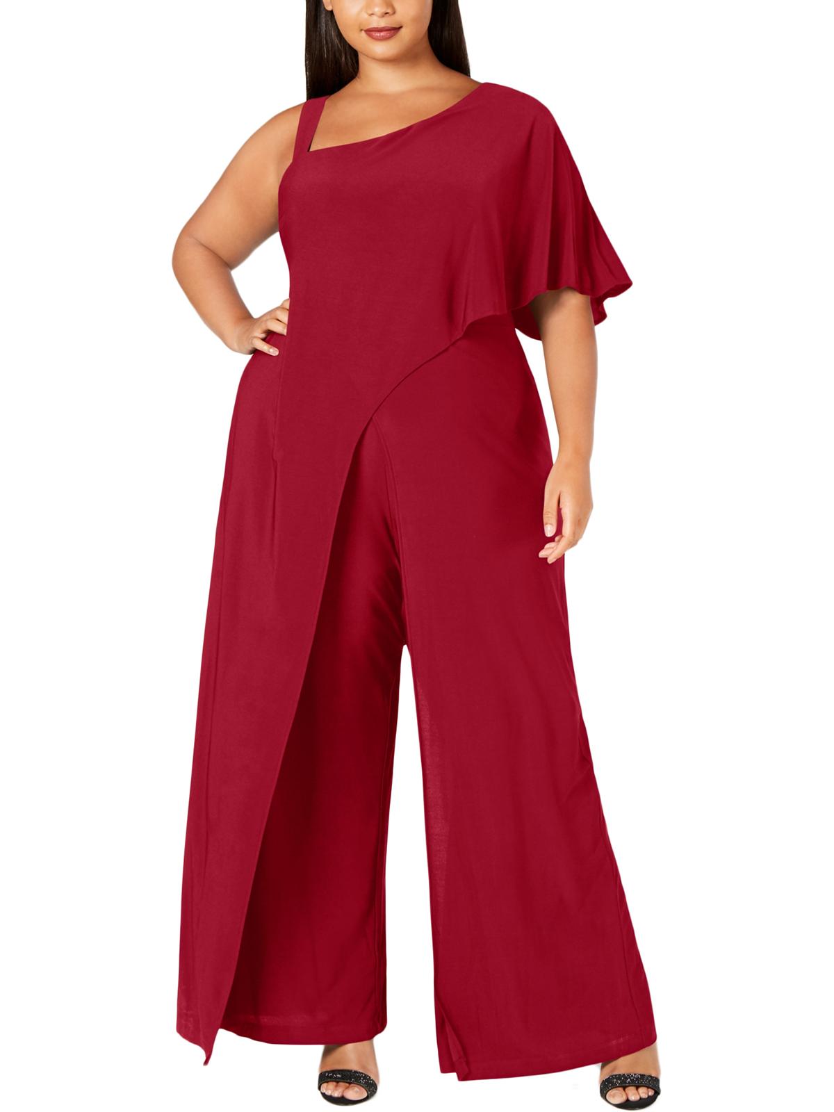 Macacão feminino RM Richards com manga sino, decote assimétrico e pernas largas, vermelho, tamanho 20W