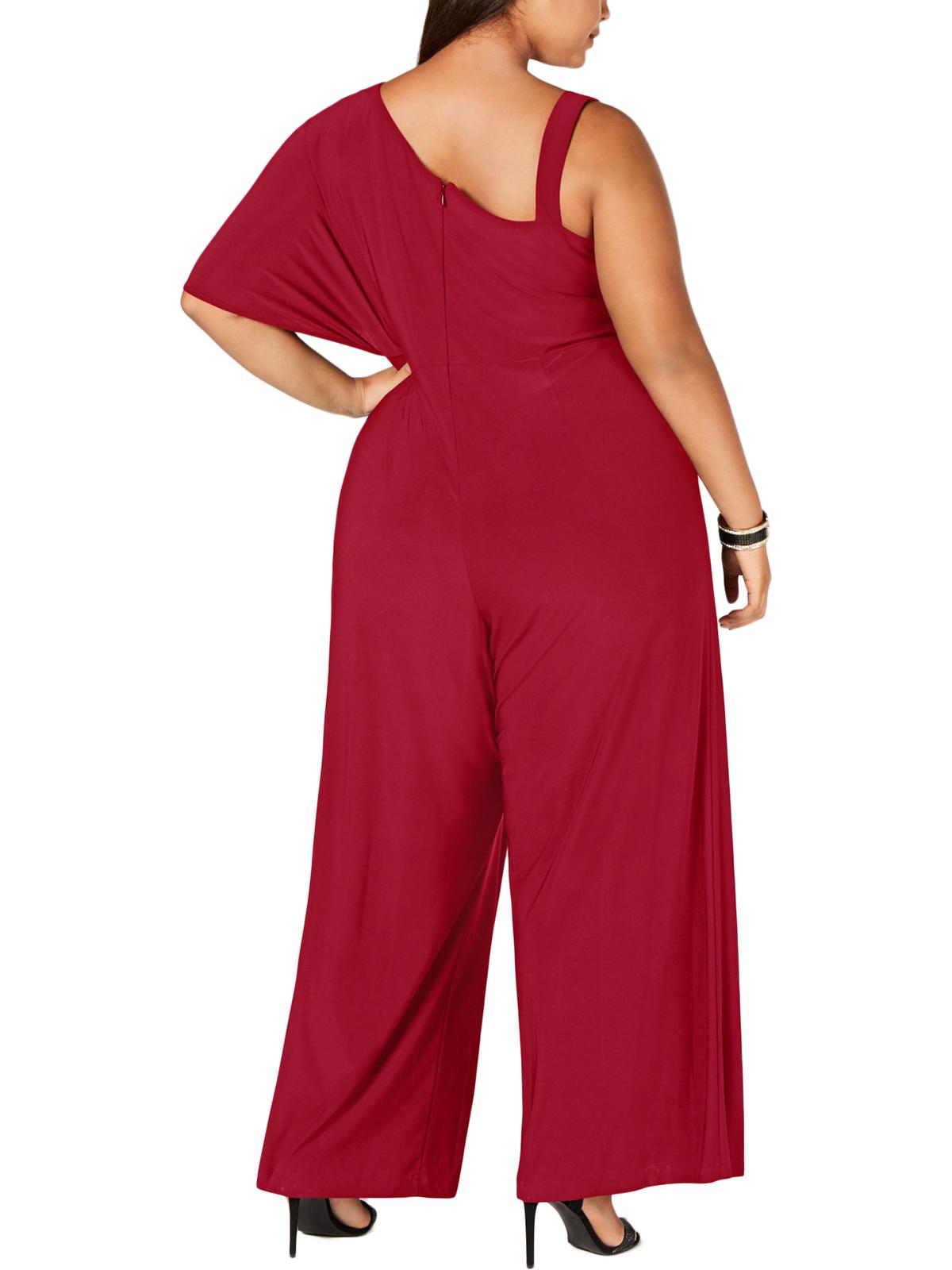 Macacão feminino RM Richards com manga sino, decote assimétrico e pernas largas, vermelho, tamanho 20W