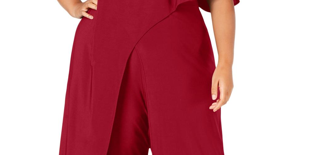 Macacão feminino RM Richards com manga sino, decote assimétrico e pernas largas, vermelho, tamanho 20W