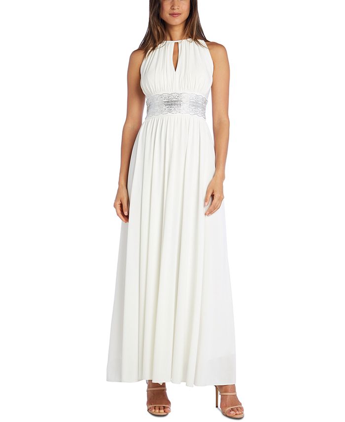 Vestido feminino R &amp; M Richards com decote em forma de fechadura e detalhes em branco, tamanho 6