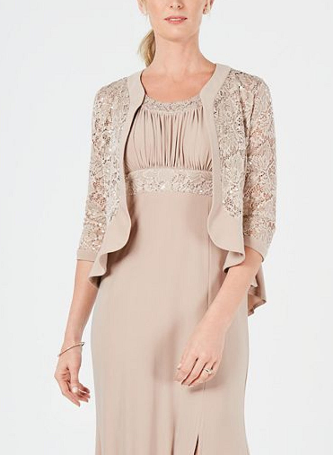 Vestido e jaqueta femininos R &amp; M Richards com lantejoulas e cintura império, tamanho 12, marrom