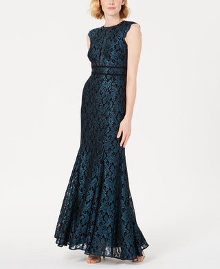 Nightway Women's Lace Glitter Zippered Cap Sleeve Jewel Neck Full Length Mermaid Formal Dress Blue Size 10