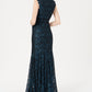Vestido formal feminino Nightway com renda e glitter, zíper, manga curta, gola redonda, comprimento total, estilo sereia, azul, tamanho 10