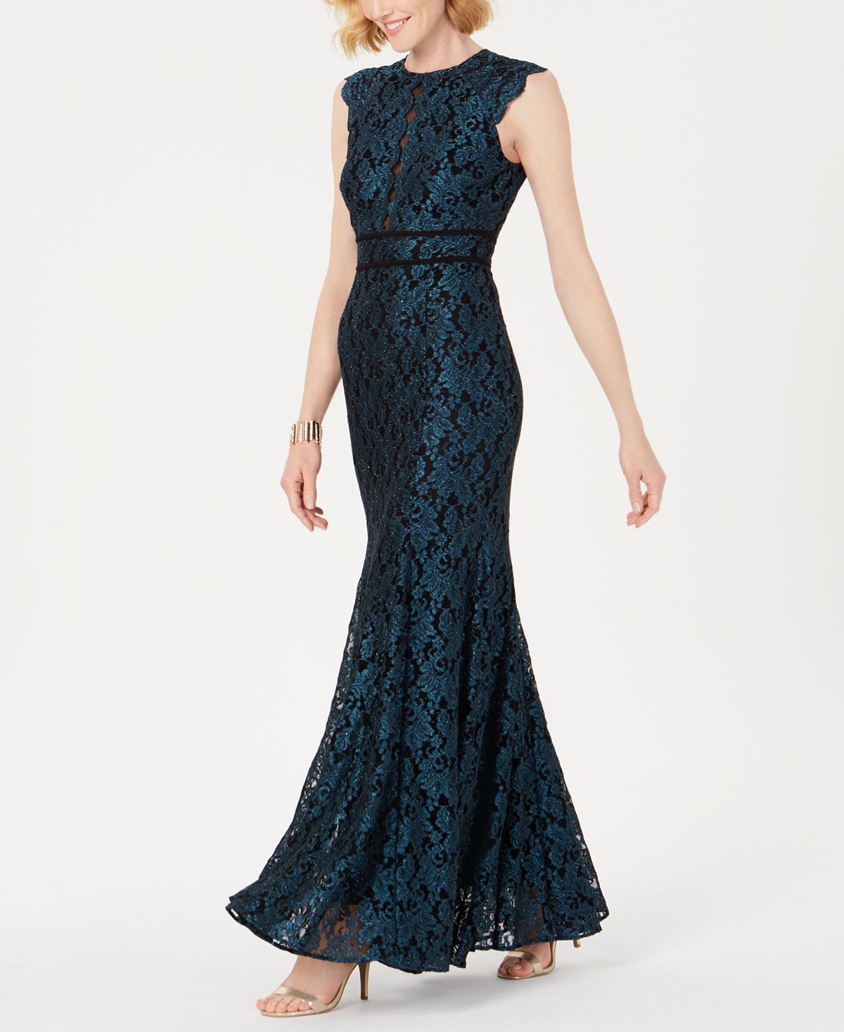 Vestido formal feminino Nightway com renda e glitter, zíper, manga curta, gola redonda, comprimento total, estilo sereia, azul, tamanho 10