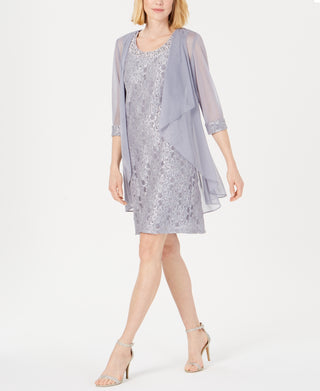 R & M Richards Women's Embellished Lace Sheath Dress & Jacket Gray Size 12