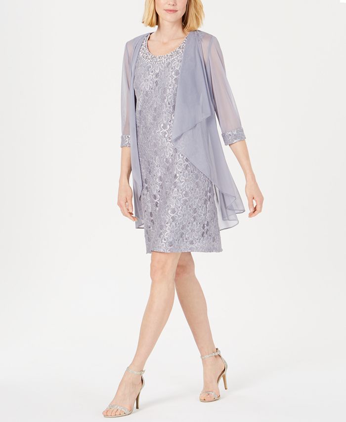 Vestido e jaqueta R &amp; M Richards feminino com bainha de renda, cinza, tamanho 14