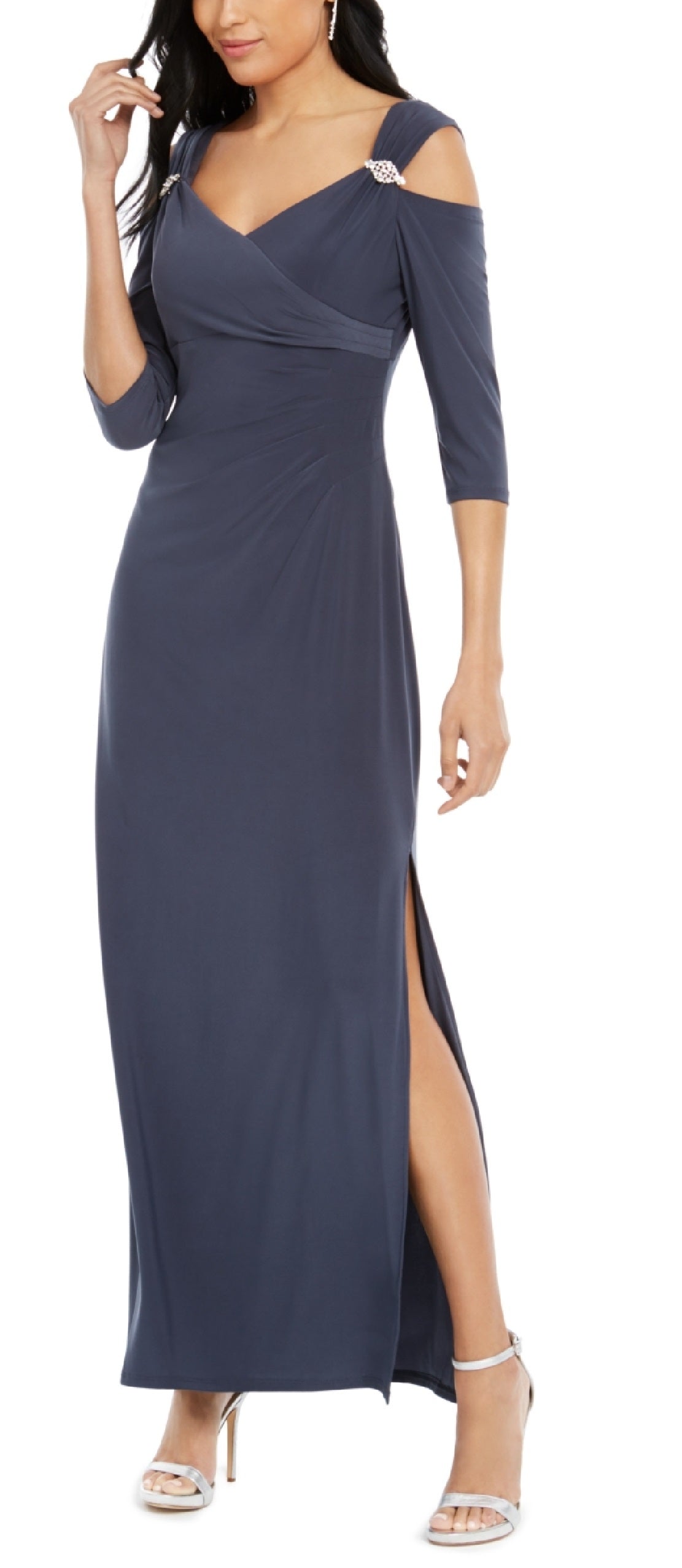 Vestido feminino R &amp; M Richards com ombros descobertos, cinza, tamanho 14