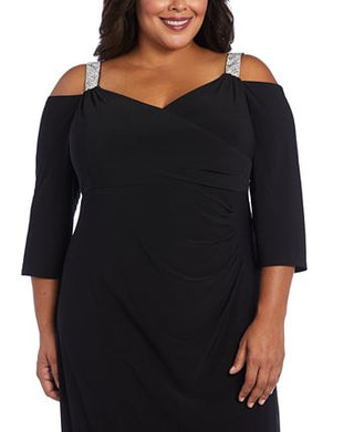 Vestido feminino R &amp; M Richards com decote em V e ombros descobertos, cinza, tamanho 22W