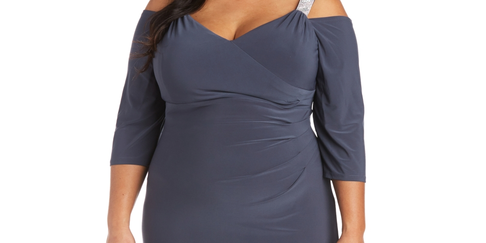Vestido feminino R &amp; M Richards com decote em V e ombros descobertos, cinza, tamanho 22W