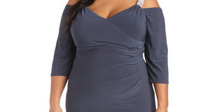 Vestido feminino R &amp; M Richards com decote em V e ombros descobertos, cinza, tamanho 22W