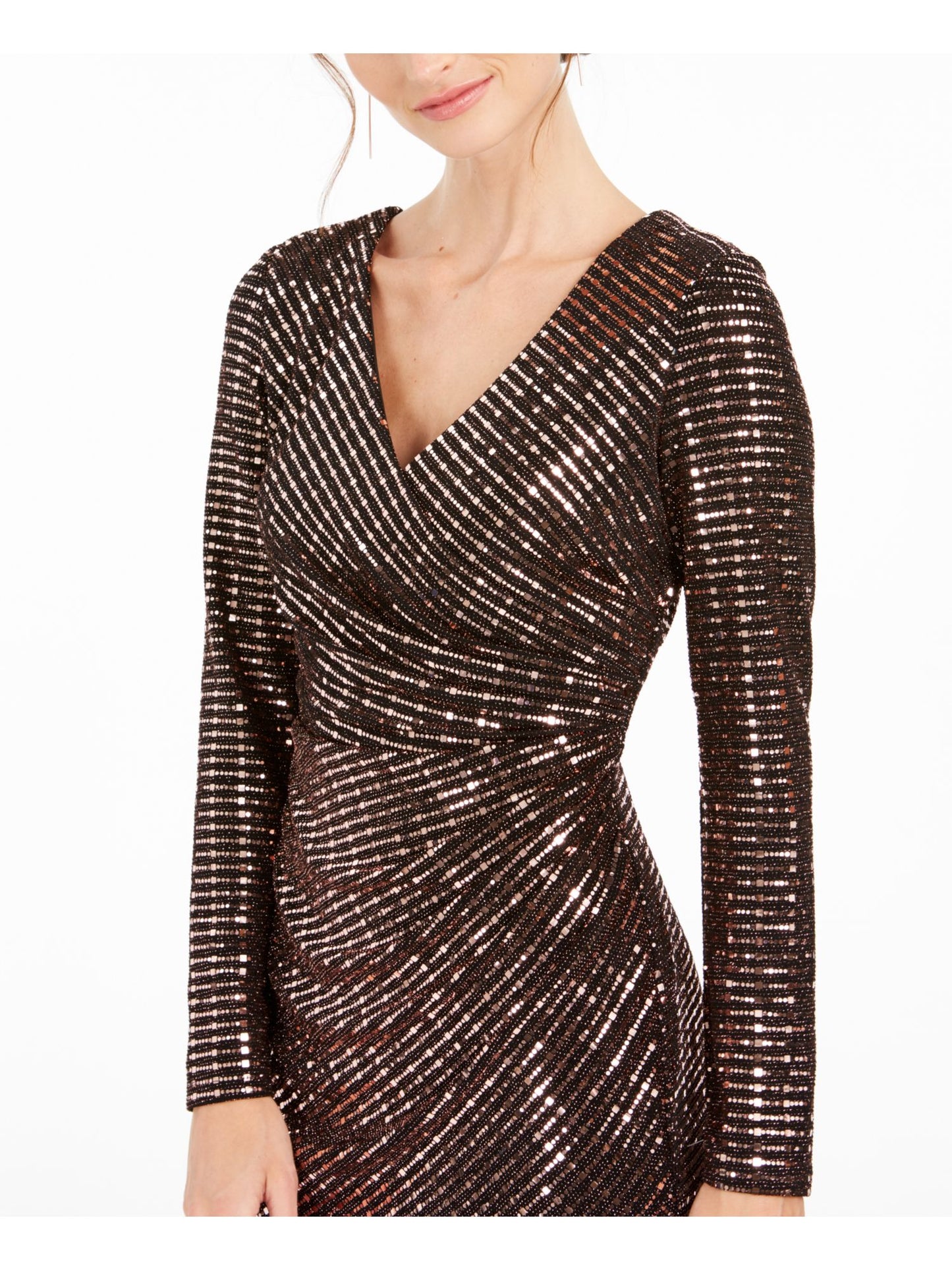 Vestido de coquetel feminino Nightway com lantejoulas, manga comprida, decote em V, comprimento até o joelho, tulipa, marrom, tamanho 14