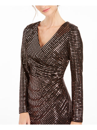 Vestido de coquetel feminino Nightway com lantejoulas, manga comprida, decote em V, comprimento até o joelho, tulipa, marrom, tamanho 14