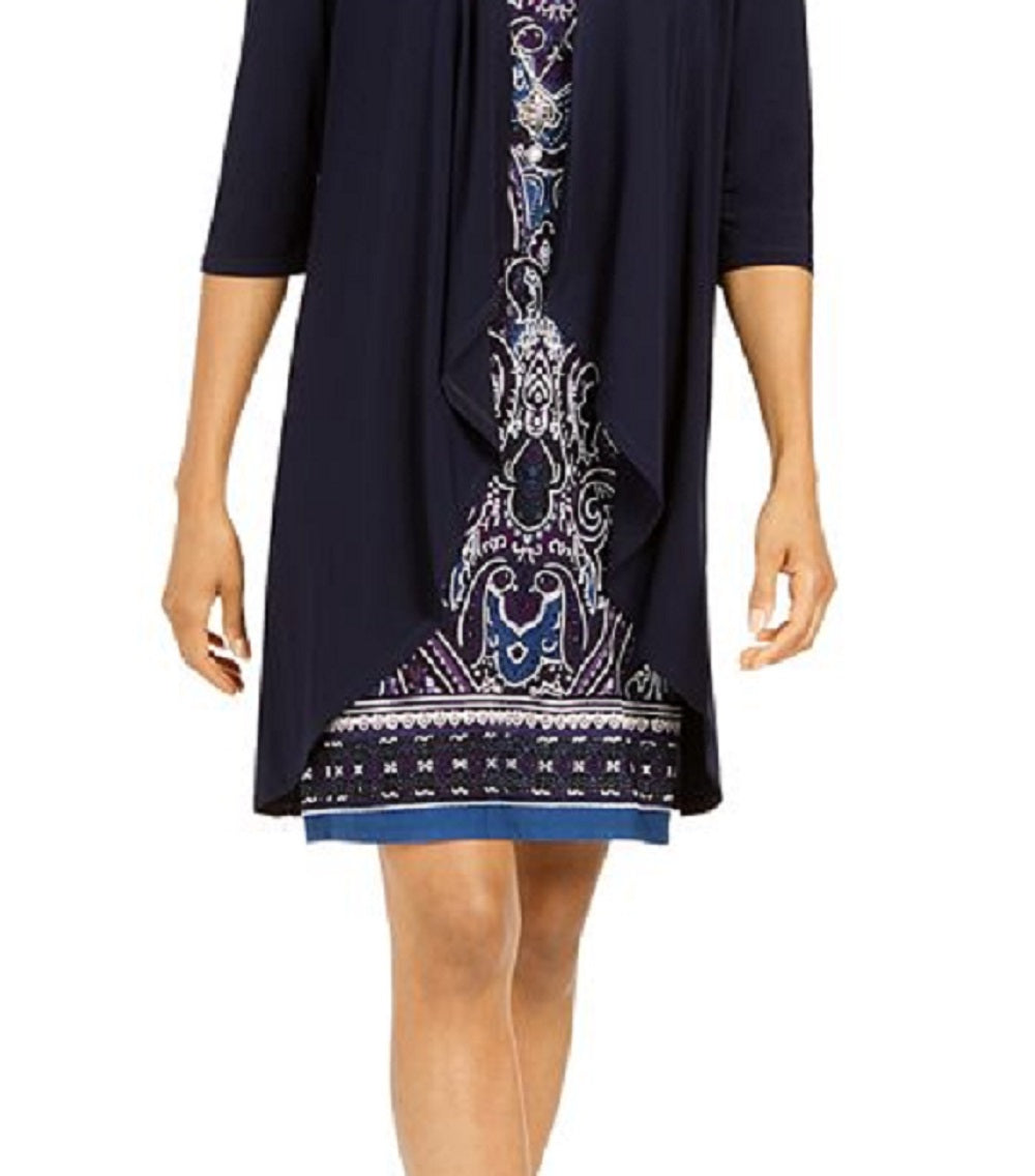 Vestido estampado com colar e jaqueta drapeada feminino R &amp; M Richards, azul, tamanho 10, pequeno