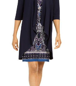 R & M Richards Women's Printed Necklace Dress & Draped Jacket Blue Size 10 Petite