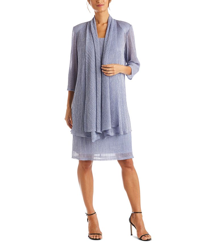 Vestido e jaqueta de malha amassada feminina R&amp;M Richards, azul, tamanho 8, pequeno