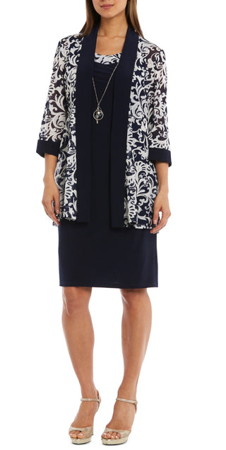 Vestido justo feminino R&amp;M Richards e jaqueta estampada azul tamanho 4P Petite