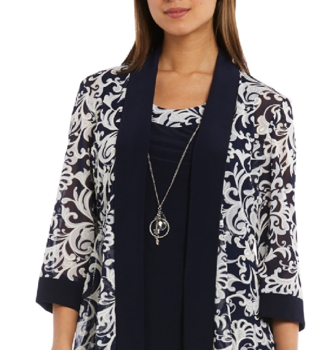 Vestido justo feminino R&amp;M Richards e jaqueta estampada azul tamanho 4P Petite