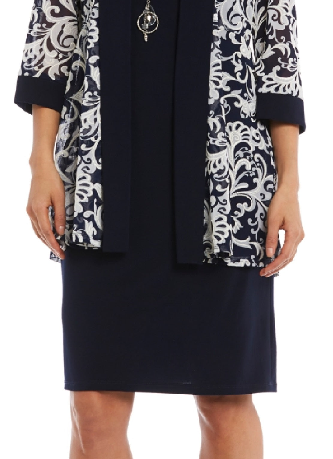 Vestido justo feminino R&amp;M Richards e jaqueta estampada azul tamanho 4P Petite