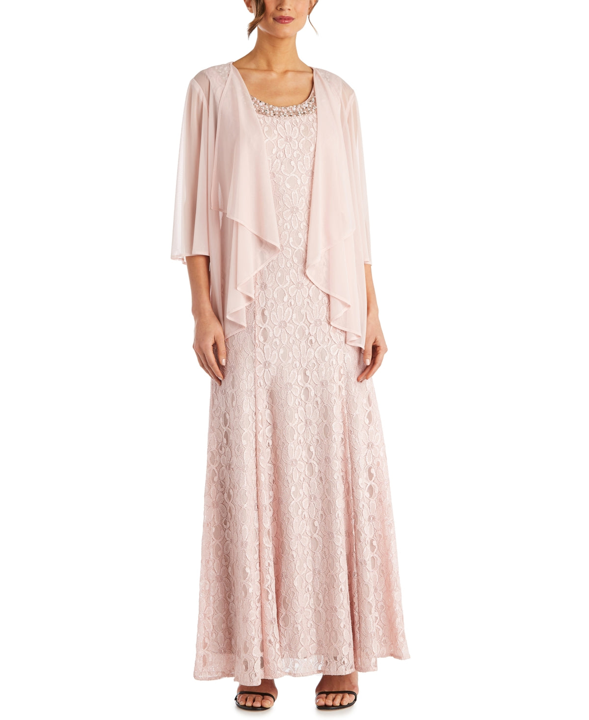 Vestido com contas e jaqueta esvoaçante feminino R &amp; M Richards, laranja, tamanho 8