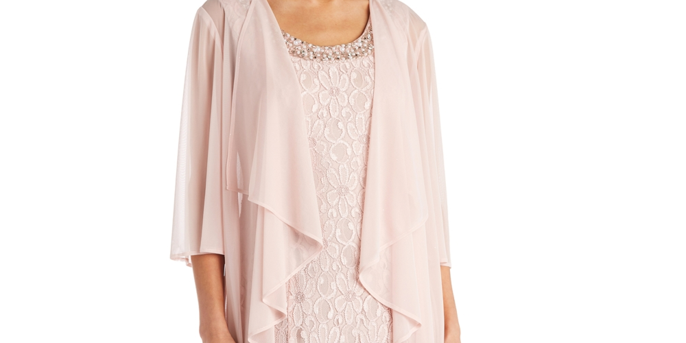 Vestido com contas e jaqueta esvoaçante feminino R &amp; M Richards, laranja, tamanho 8