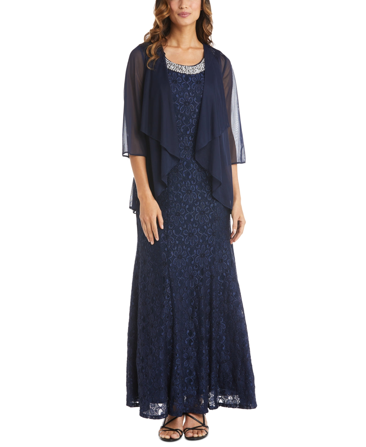 Vestido com contas e jaqueta flyaway feminino R &amp; M Richards, azul, tamanho 14