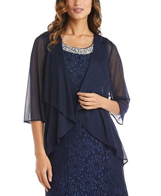 Vestido com contas e jaqueta flyaway feminino R &amp; M Richards, azul, tamanho 16