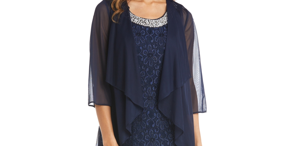 Vestido com contas e jaqueta flyaway feminino R &amp; M Richards, azul, tamanho 18