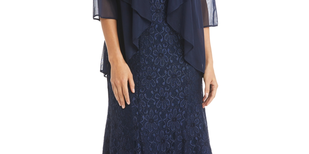 Vestido com contas e jaqueta flyaway feminino R &amp; M Richards, azul, tamanho 18