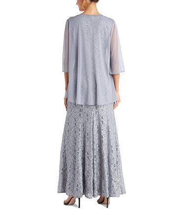 Vestido com contas e jaqueta flyaway feminino R &amp; M Richards, cinza, tamanho 10