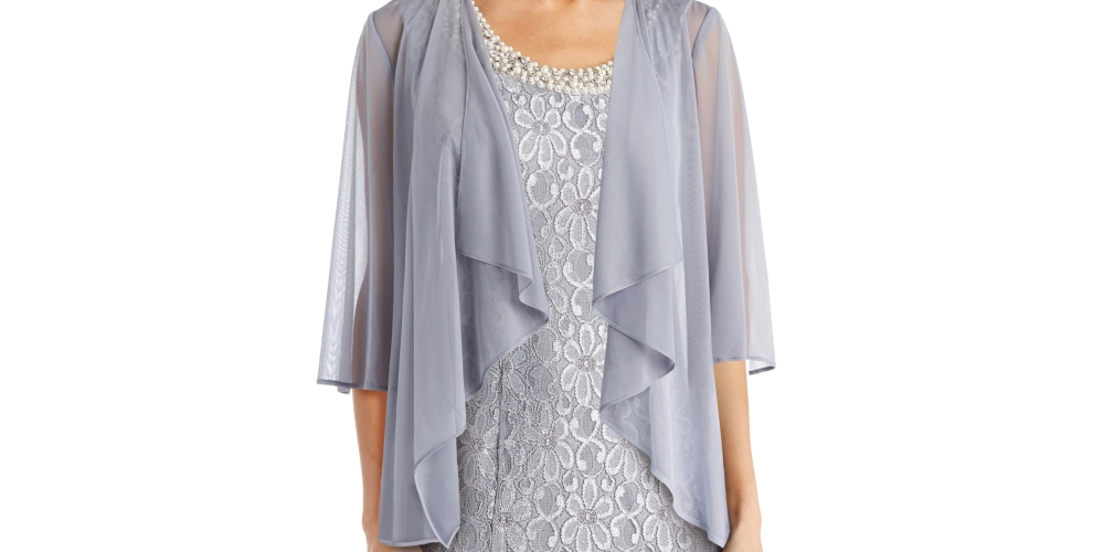 Vestido com contas e jaqueta flyaway feminino R &amp; M Richards, cinza, tamanho 10