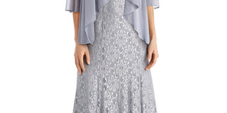 Vestido com contas e jaqueta flyaway feminino R &amp; M Richards, cinza, tamanho 10