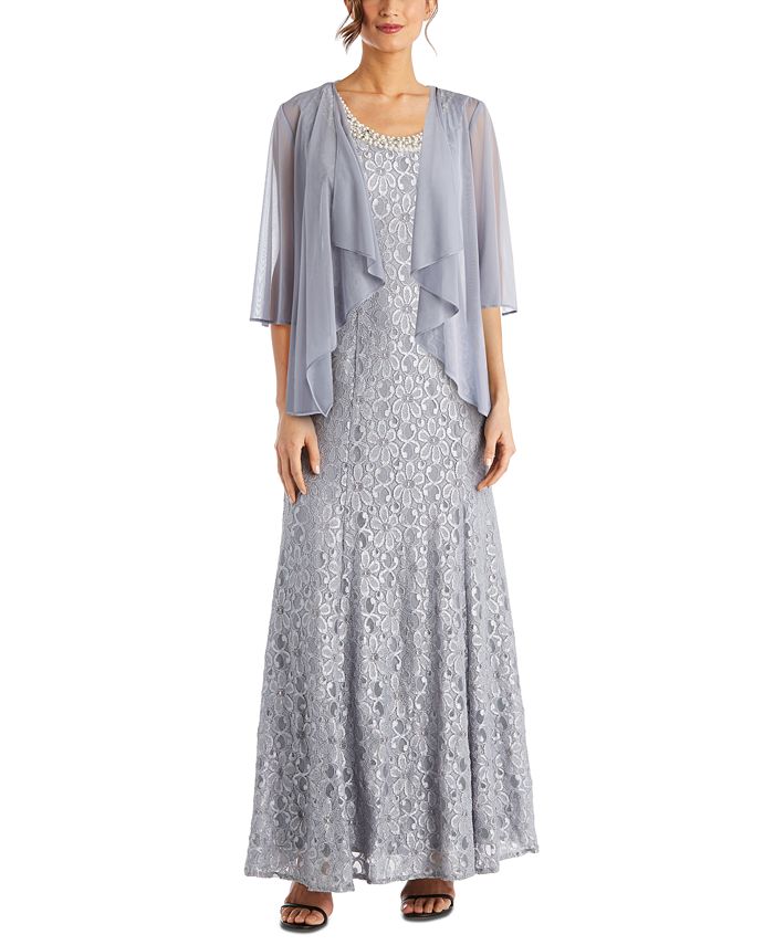 Vestido com contas e jaqueta flyaway feminino R &amp; M Richards, cinza, tamanho 14