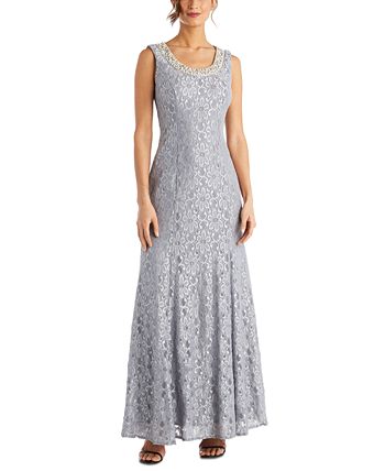 Vestido com contas e jaqueta flyaway feminino R &amp; M Richards, cinza, tamanho 14