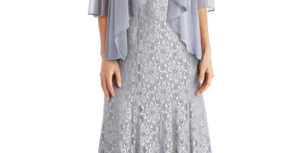 Vestido com contas e jaqueta flyaway feminino R &amp; M Richards, cinza, tamanho 14