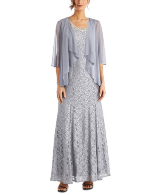 Vestido com contas e jaqueta flyaway feminino R &amp; M Richards, cinza, tamanho 16