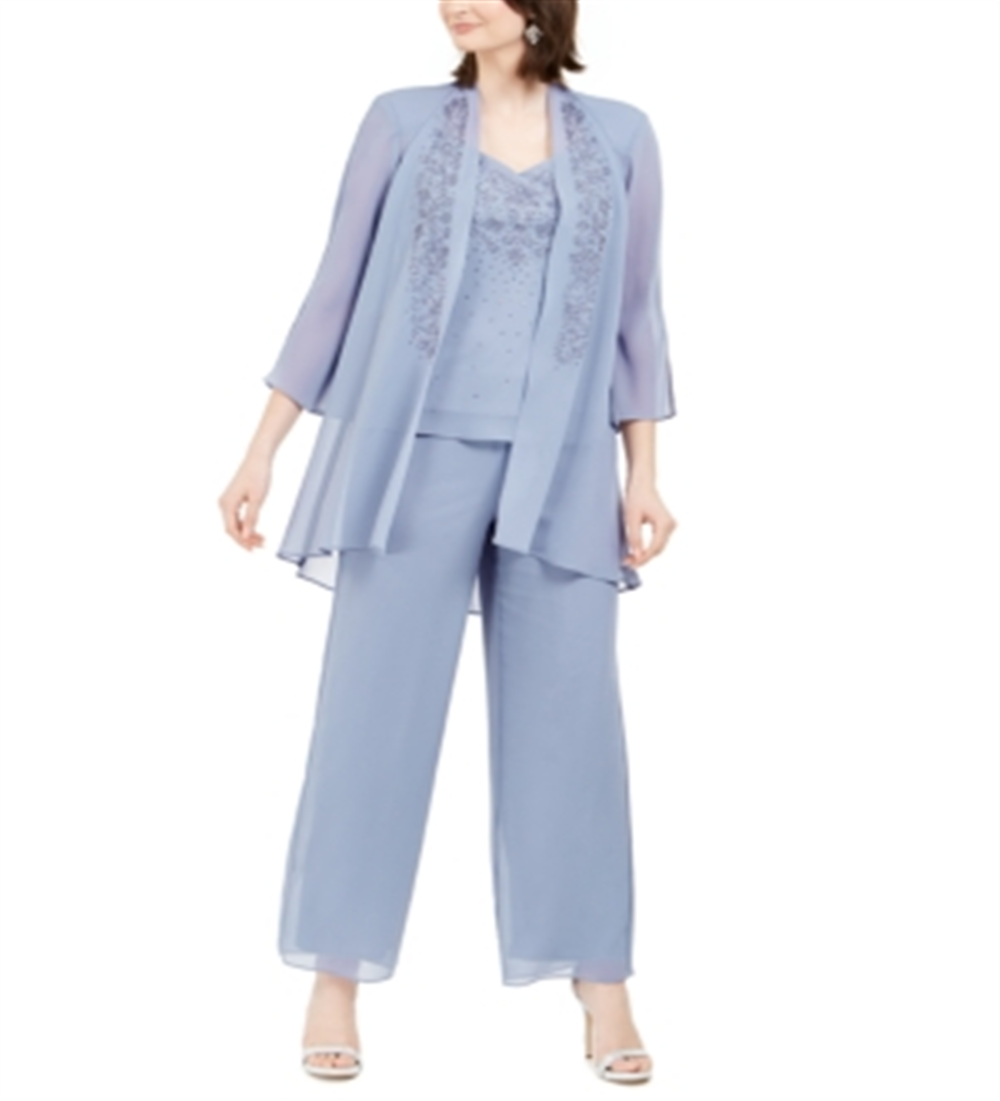 Conjunto de jaqueta e calça de perna larga feminina R&amp;M Richards com 3 peças e contas, cinza, tamanho 12