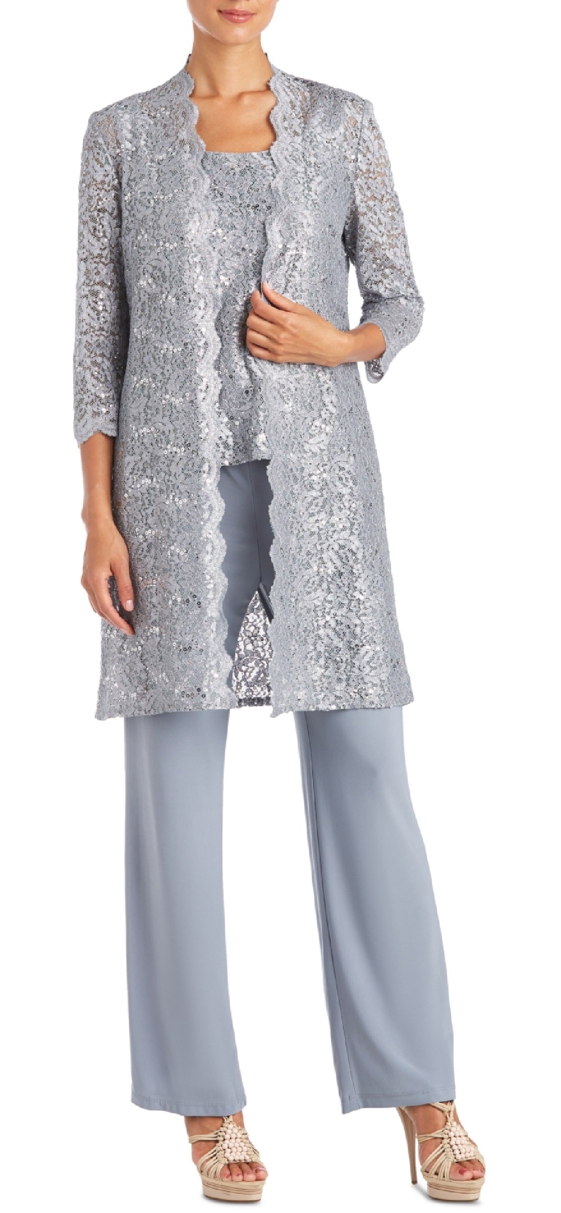 R &amp; M Richards Terno e jaqueta femininos com 3 peças e lantejoulas, cinza, tamanho 16