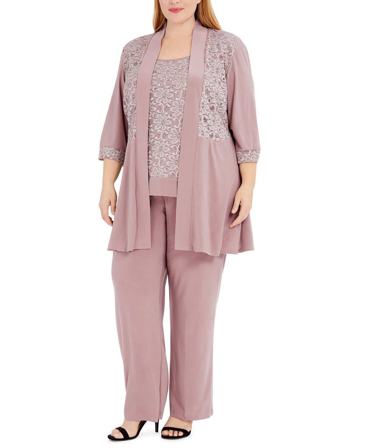 Jaqueta feminina com renda e top e calça R&amp;M Richards, rosa, tamanho 20W