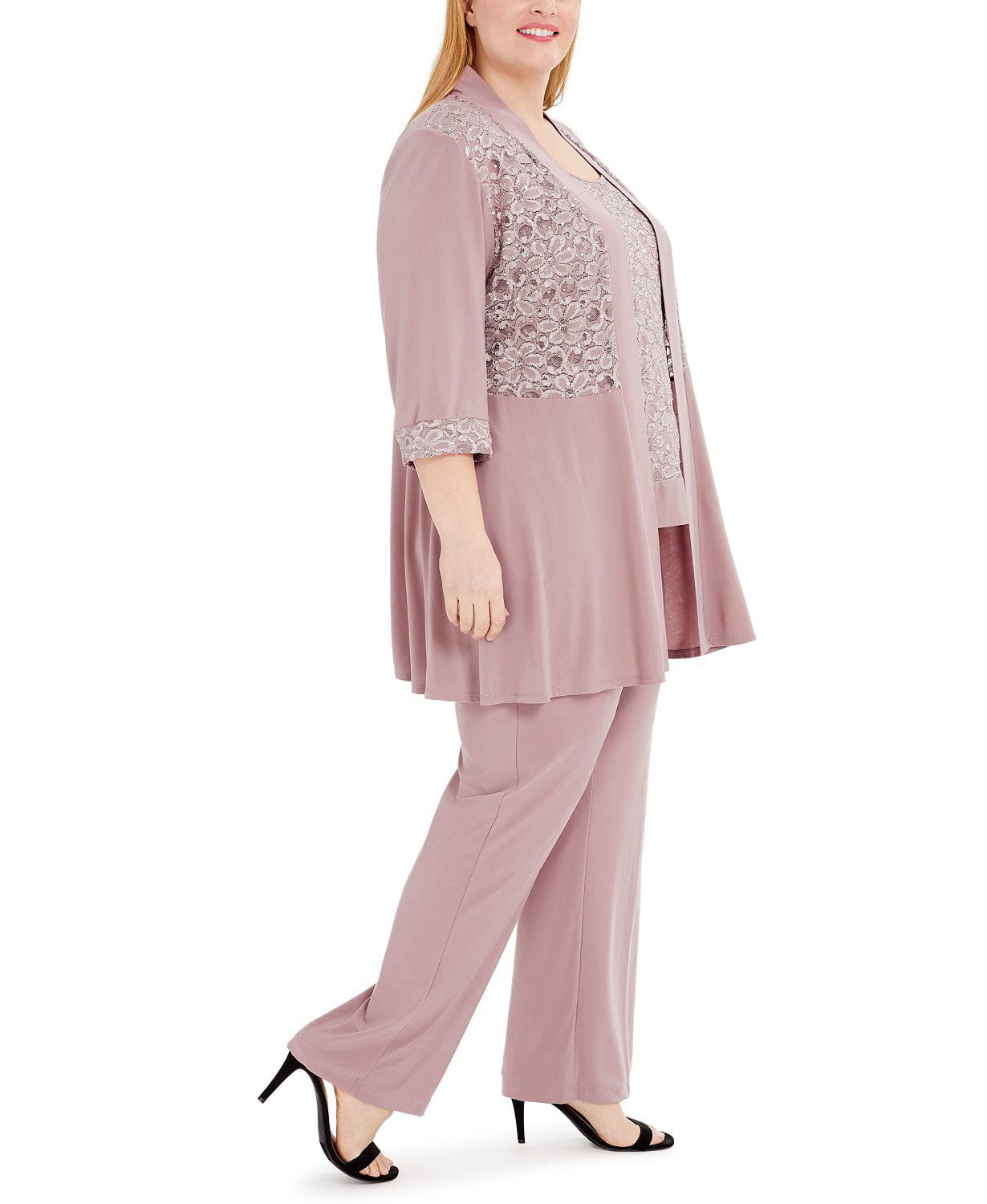 Jaqueta feminina com renda e top e calça R&amp;M Richards, rosa, tamanho 20W