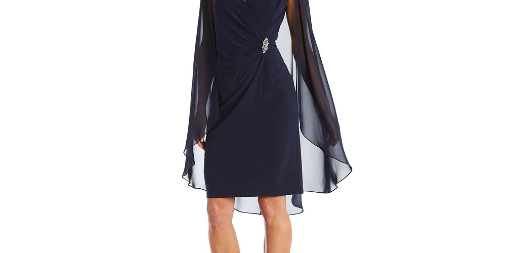 Vestido de capa de chiffon enfeitado feminino R &amp; M Richards, preto, tamanho 8, pequeno