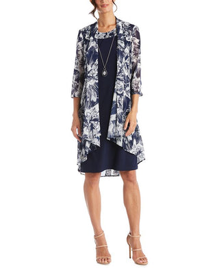 Vestido com colar e jaqueta estampada feminina R&amp;M Richards, azul, tamanho 6