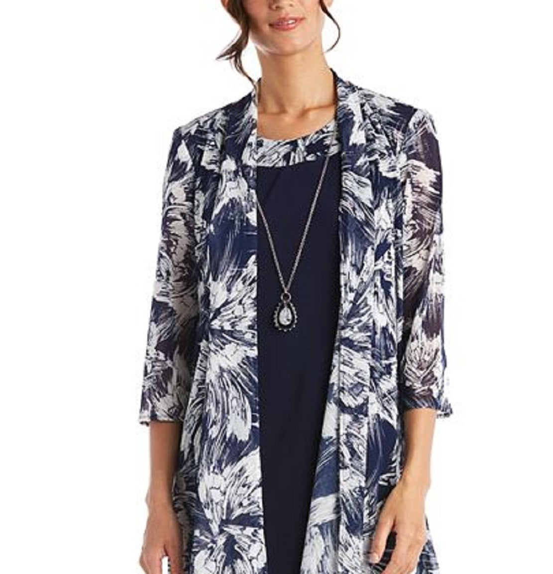 Vestido com colar e jaqueta estampada feminina R&amp;M Richards, azul, tamanho 6